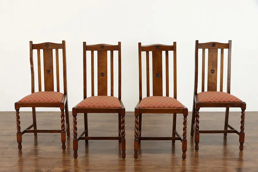 Main image of Set of 4 Antique English Oak Dining Chairs, Spiral Legs, New Upholstery