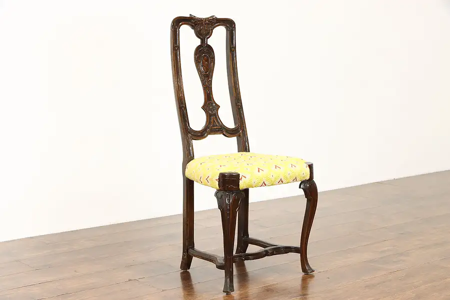 Main image of Carved Antique Dutch Walnut Chair, Yellow Vintage Woven Wool