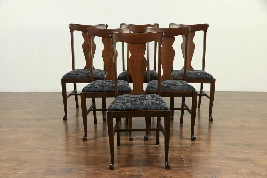 Main image of Set of 6 Antique Quarter Sawn Oak Dining Chairs, Paw Feet New Upholstery