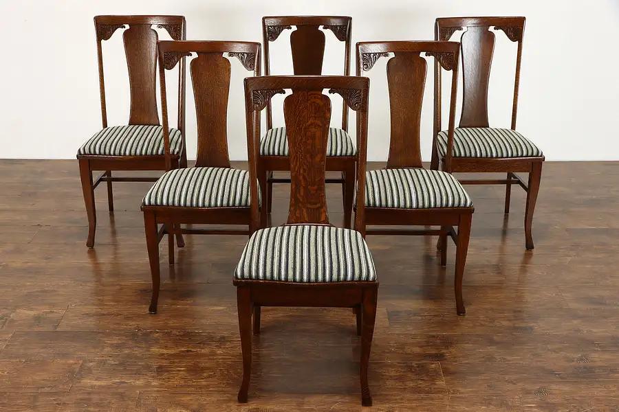 Main image of Set of 6 Oak Antique Craftsman Farmhouse Dining Chairs, New Seats, Sikes