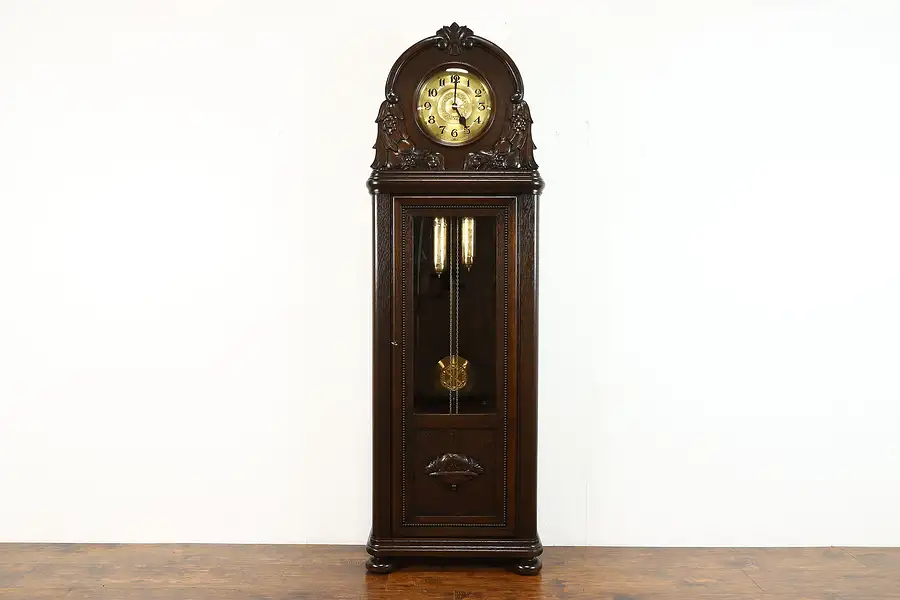 Main image of Art Deco Antique Carved Oak German Grandfather Clock, Brandmann, Berlin