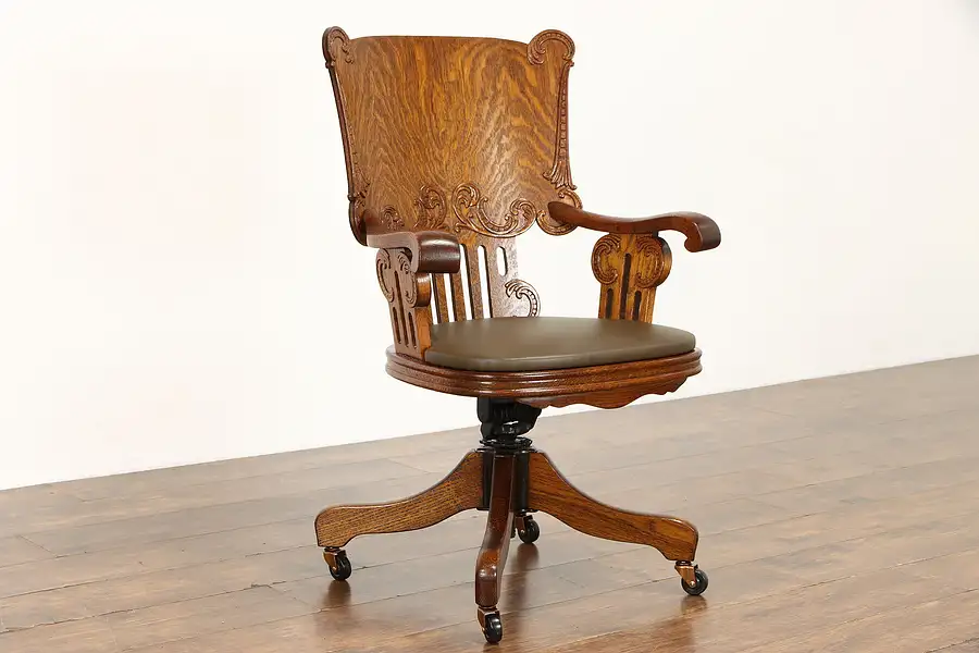 Main image of Quarter Sawn Oak Antique Office or Library Swivel Chair, Leather, Meyer