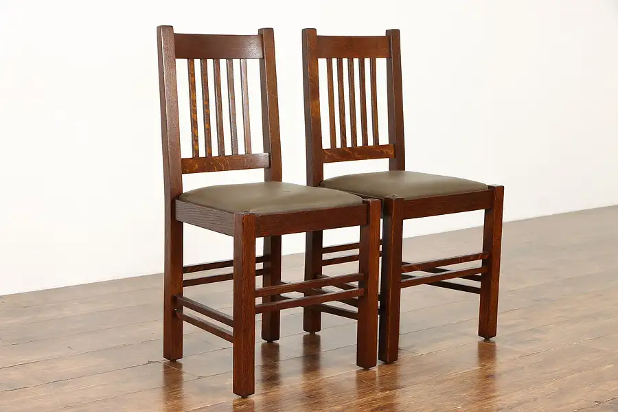 Main image of Pair of Antique Mission Oak Arts & Crafts Chairs Leather, Quaint Stickley