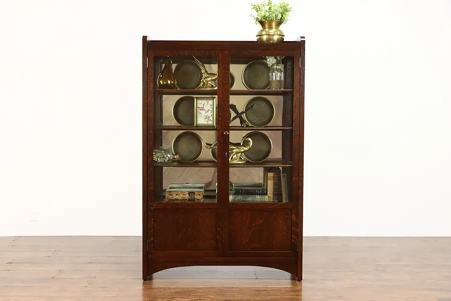 Main image of Mission Oak Arts & Crafts Antique Craftsman China Cabinet, Wavy Glass