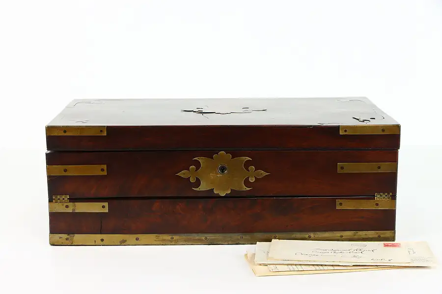 Main image of English Victorian Mahogany Antique Portable Travel Lap Desk, Brass Inlay