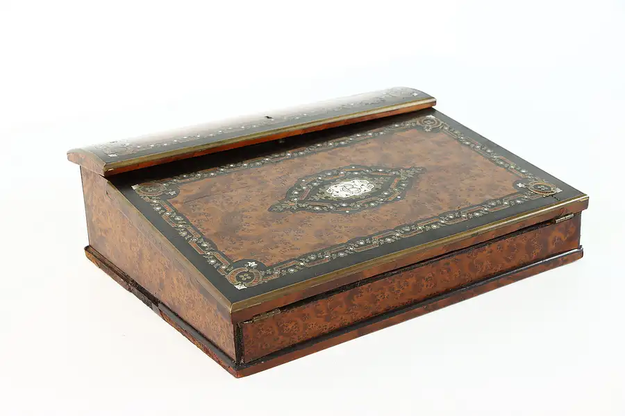 Main image of English Victorian 1880 Antique Ebony, Rosewood & Burl Lap or Travel Desk