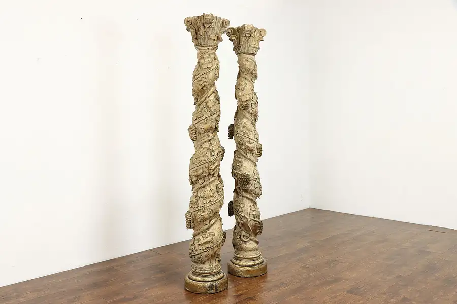 Main image of Pair of Italian Carved Antique Baroque Salvage Spiral Columns, Grapevines