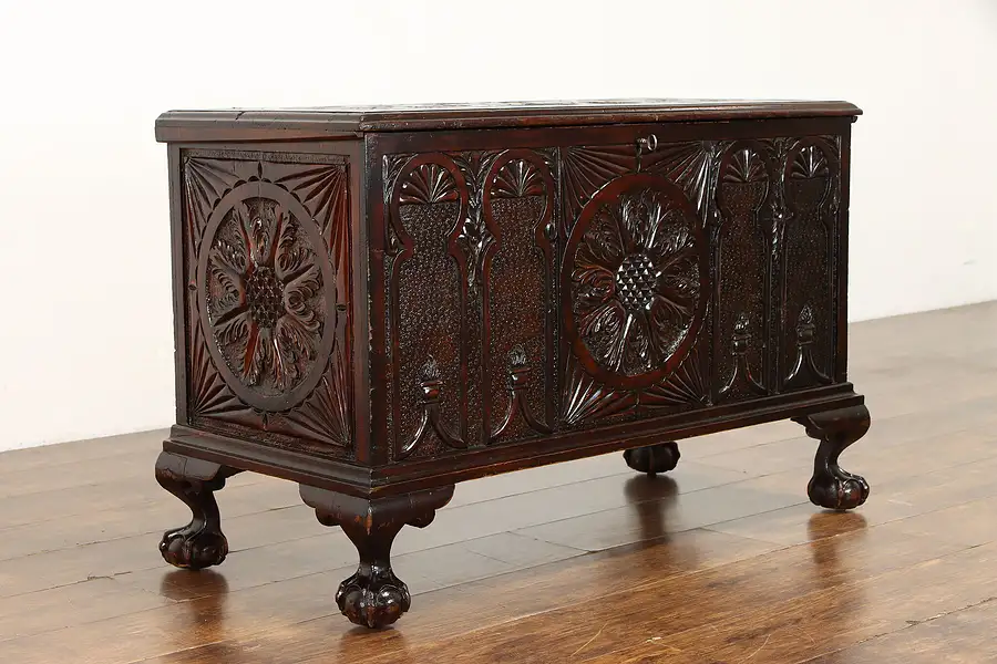 Main image of Irish Celtic Gothic Carved Antique Pine Blanket Trunk or Marriage Chest