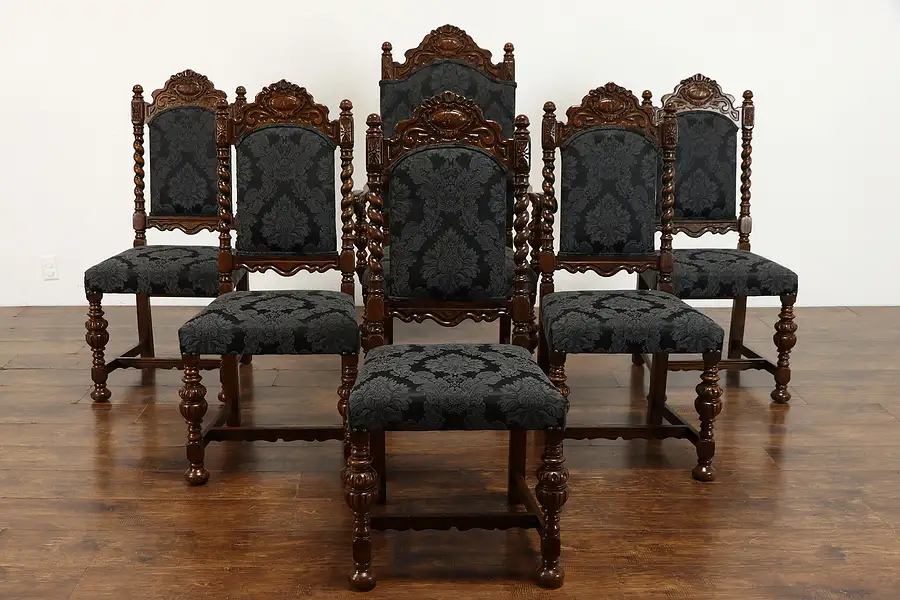 Main image of Renaissance Oak Antique Set of 6 Carved Dining Chairs, New Upholstery