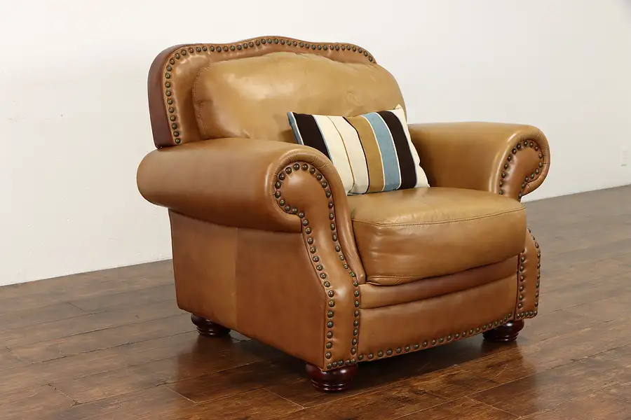 Main image of Large Brown Vintage Natural Leather Chair, Nailhead Trim