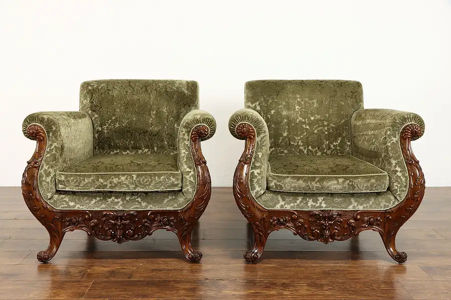 Main image of Pair of Mohair Traditional Vintage Carved Mahogany Scandinavian Armchairs