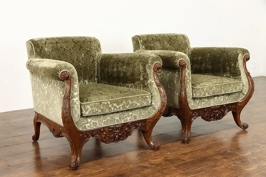 Main image of Pair of Mohair Traditional Vintage Carved Mahogany Scandinavian Armchairs