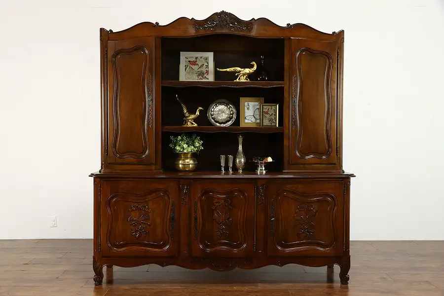 Main image of Provincial Country French Carved Walnut Farmhouse China Cabinet Sideboard