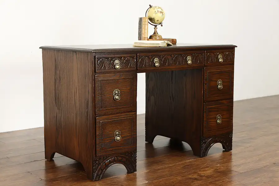 Main image of English Tudor Style Carved Oak Vintage Office Desk, Feudal Oak Jamestown