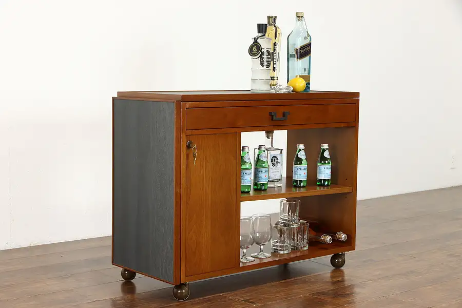 Main image of Midcentury Modern Teak Rolling Bar Cart Cabinet Server, Faux Slate Dunbar