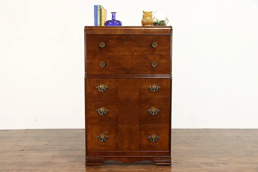 Main image of Art Deco Waterfall Vintage Walnut Highboy or Tall Chest, Bakelite Pulls