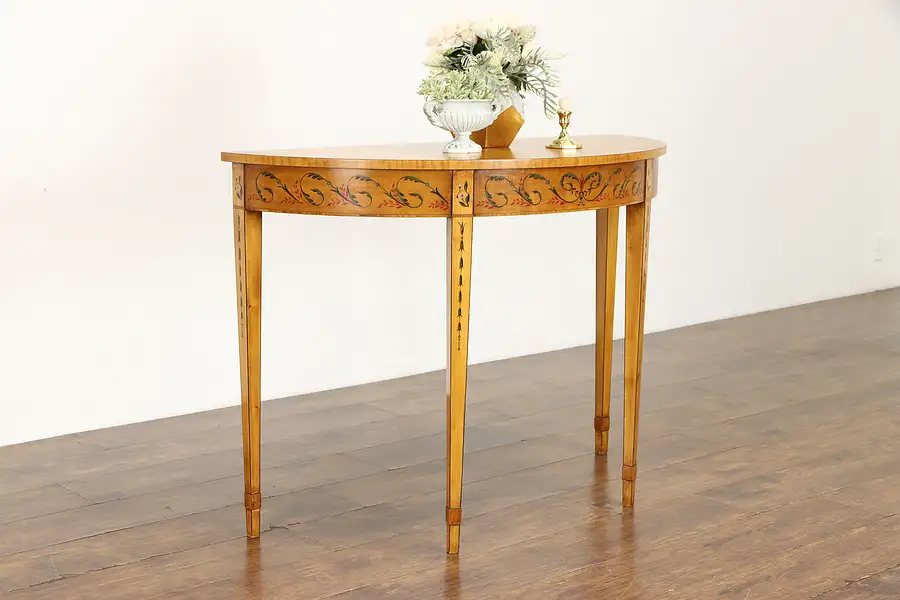 Main image of Georgian Design Hand Painted Demilune Console Table, Banded Satinwood