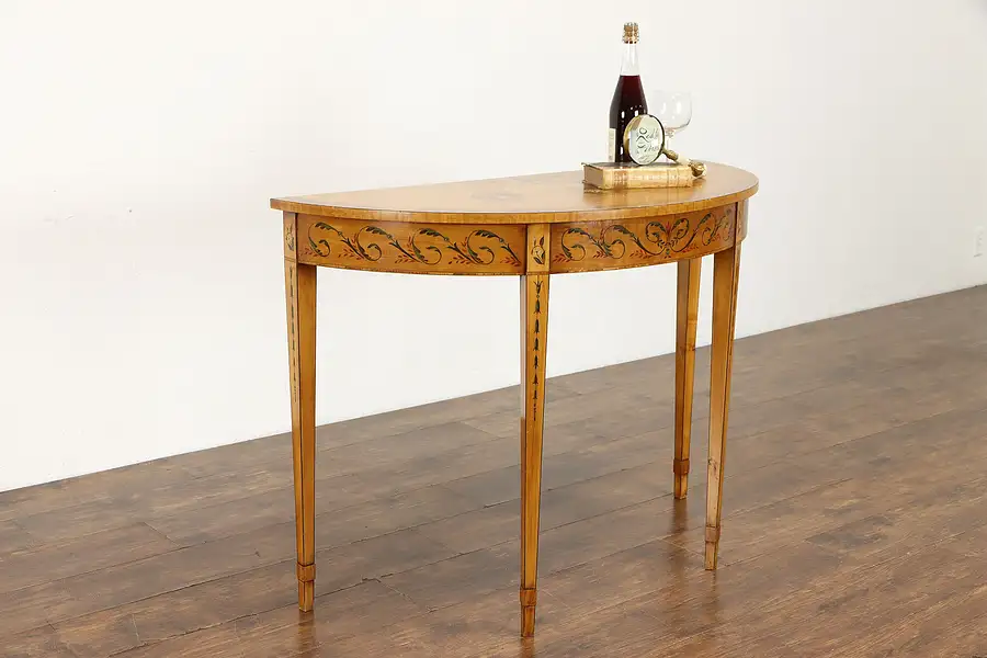 Main image of Georgian Design Hand Painted Demilune Console Table, Banded Satinwood