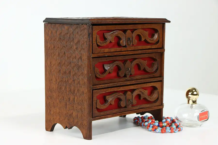 Main image of Victorian Antique Folk Art Farmhouse Carved Walnut Jewelry Chest