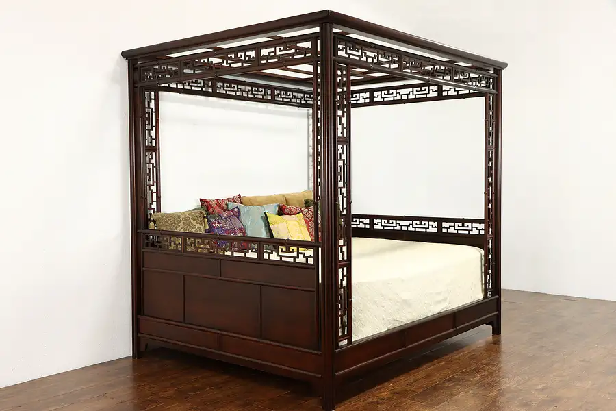 Main image of Opium Bed Chinese Style Vintage Carved Mahogany Canopy Queen Size