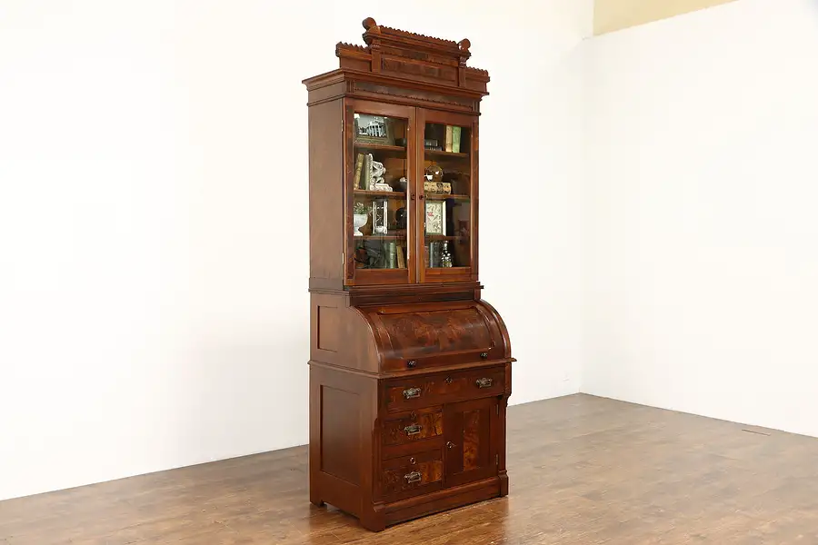 Main image of Victorian Eastlake Antique Walnut Cylinder Secretary Desk & Bookcase