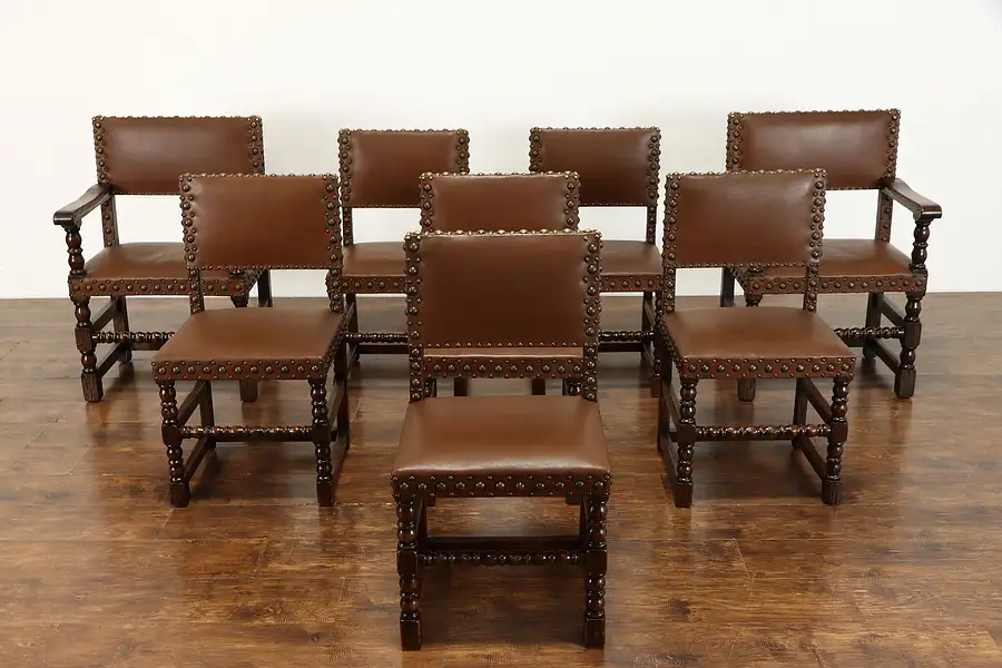 Main image of Set of 8 Tudor Vintage Oak & Leather Dining Chairs With Nailhead Trim