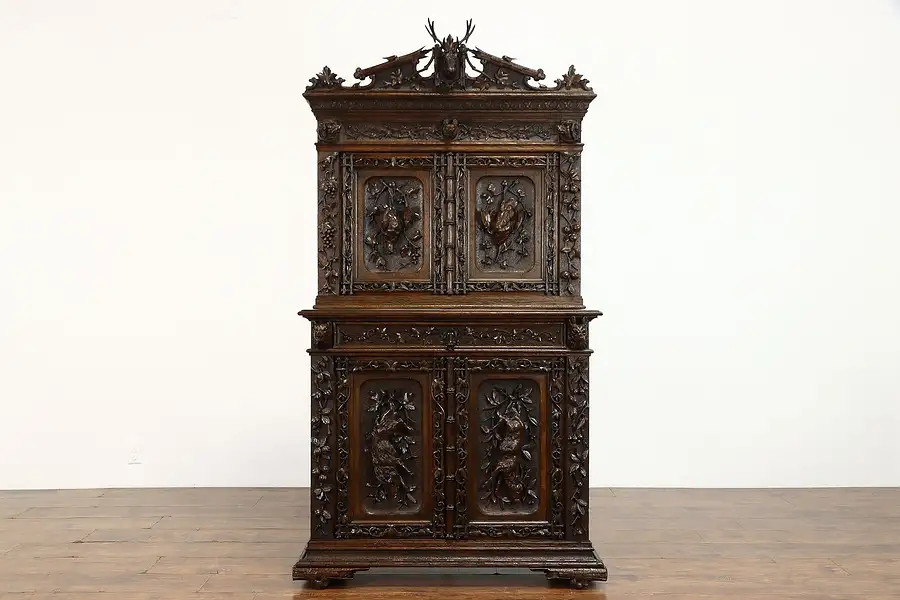 Main image of Carved Oak Antique Black Forest Game Hunt Board, China Bar Pantry Cabinet