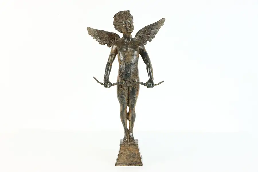 Main image of Cupid Vintage Sculpture, Bow & Wings, Verdigris Brass Statue