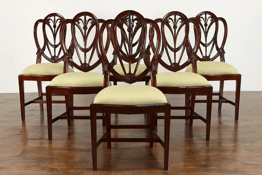 Main image of Set of 6 Georgian Vintage Shield Back Dining Chairs, New Upholstery