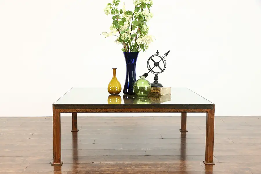 Main image of Embossed Victorian Design Tin Glass Top Vintage Coffee Table, Rust Patina