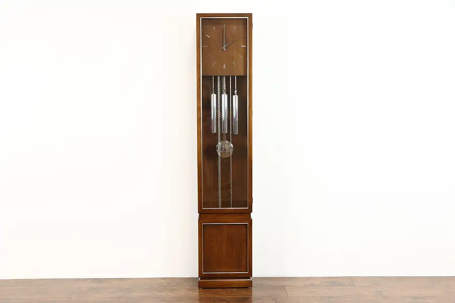 Main image of Midcentury Modern Vintage Walnut Tall Case Clock, Westminster Chime