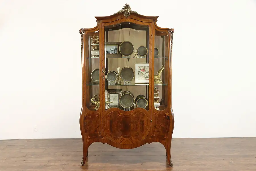 Main image of Italian Bombe Antique Marquetry Curio, Vitrine, or China Display Cabinet