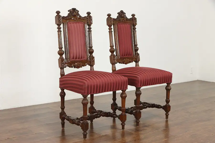 Main image of Pair of Carved Oak Antique Italian Renaissance Dining, Desk, Hall Chairs