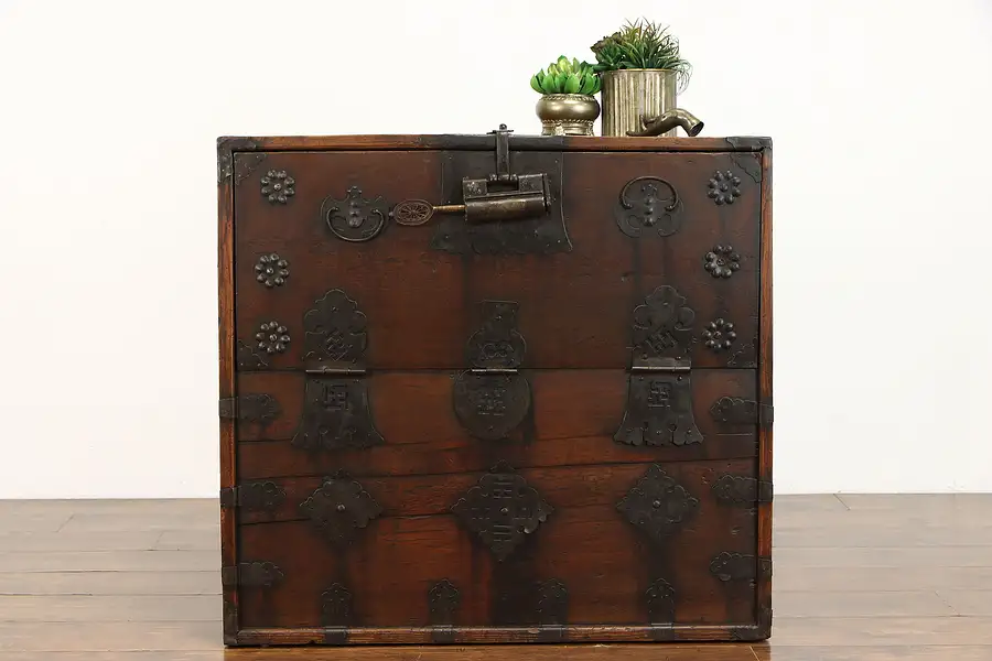 Main image of Asian Antique Pine Dowry Chest or Cabinet, Wrought Iron Lock & Key