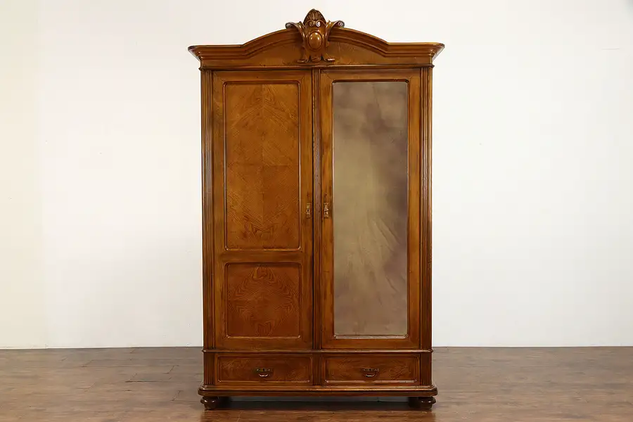 Main image of Victorian Antique Carved Ash Farmhouse Armoire, Wardrobe or Closet