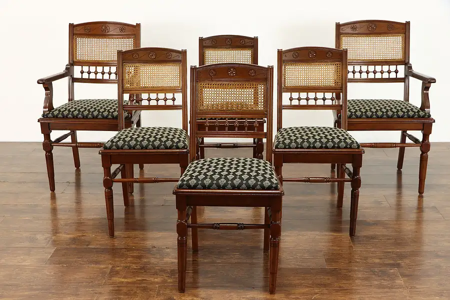 Main image of Set of 6 Victorian Eastlake Antique Walnut Dining Chairs, New Upholstery