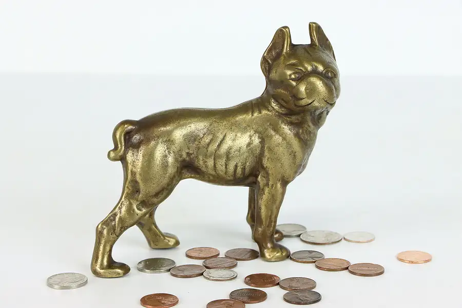 Main image of Farmhouse Antique Cast Brass Boston Terrier Dog Sculpture Coin Bank