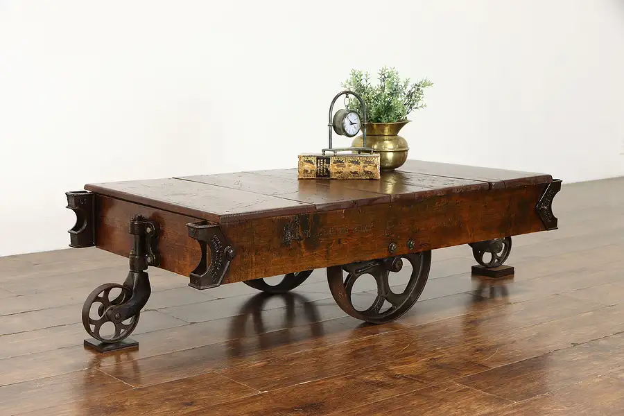 Main image of Industrial Antique Railroad Salvage Cart or Coffee Table, Chas. E Francis