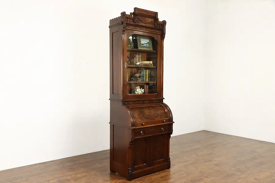 Main image of Victorian Eastlake Antique Walnut Roll Cylinder Secretary Desk & Bookcase