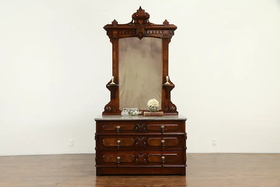 Main image of Victorian Antique Walnut Dresser or Chest, Mirror, Marble, Secret Drawer