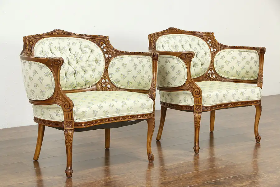 Main image of Pair of French Style Carved Vintage Chairs, Wide Seats