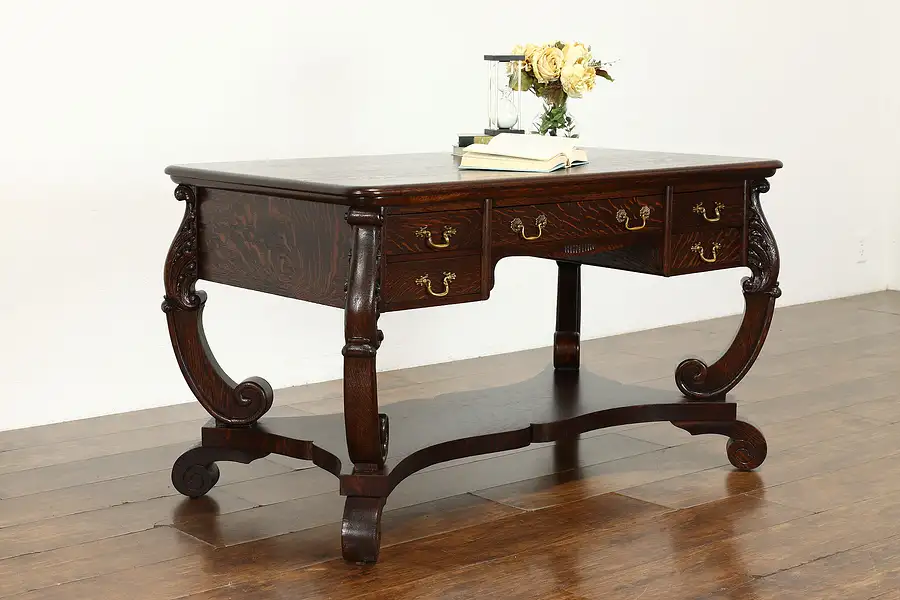 Main image of Victorian Antique Carved Quarter Sawn Oak Library Table or Office Desk