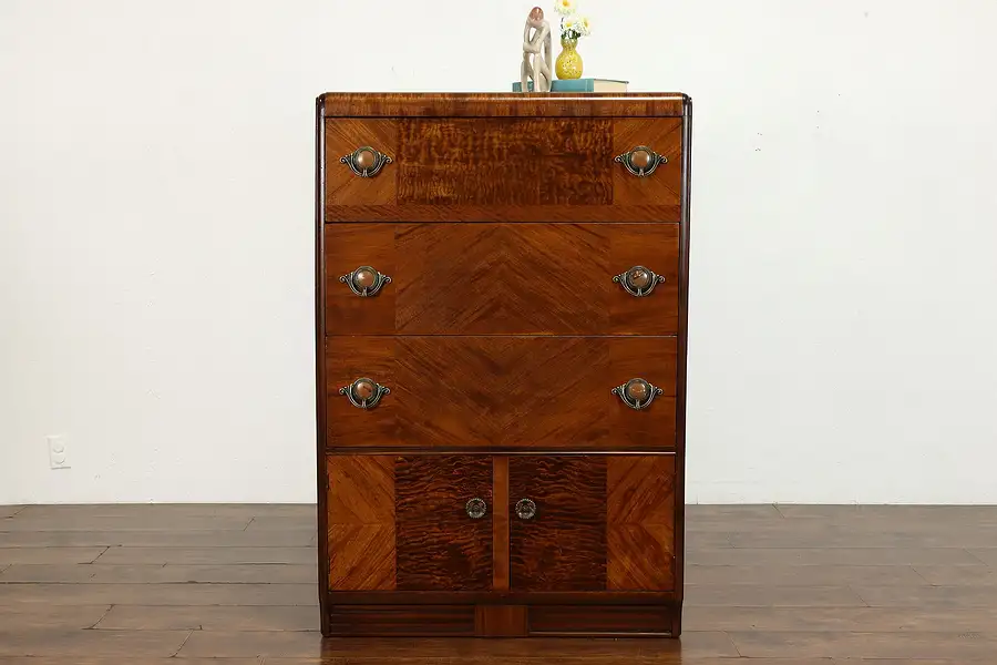 Main image of Art Deco Waterfall Vintage Mahogany & Satinwood Tall Chest or Dresser