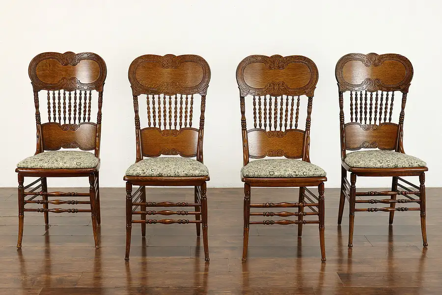 Main image of Set of 4 Victorian Antique Carved Oak Pressback Dining Chairs, New Seats