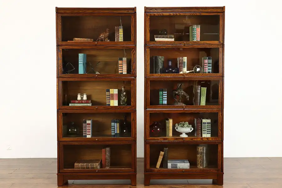 Main image of Pair of Antique Oak 5 Stack Barrister Lawyer Office Bookcases, Lundstrom