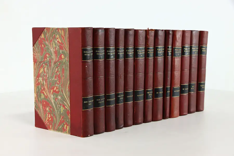 Main image of Set of 14 Leatherbound Gold Tooled Vintage Books, Hall Caine