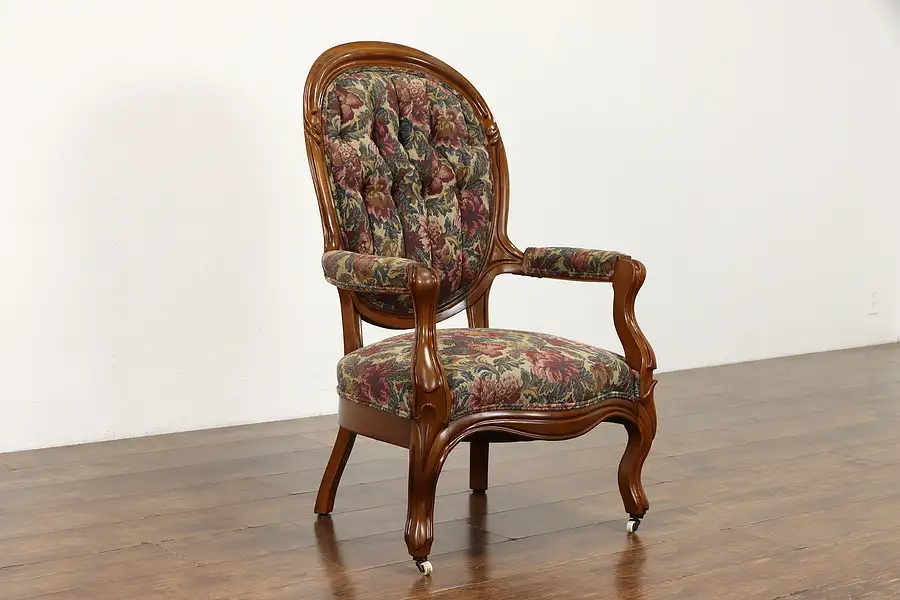 Main image of Victorian Antique Hand Carved Walnut Armchair with Floral Upholstery