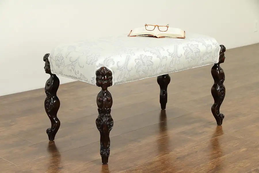 Main image of Mahogany Antique Bench, Carved Figural Legs, New Upholstery