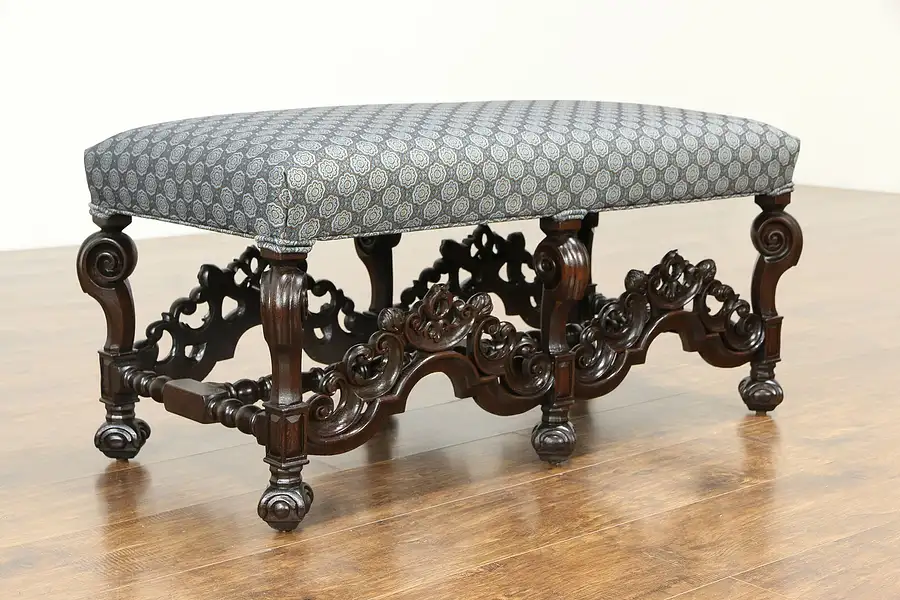 Main image of English Tudor Antique Carved Bench, New Upholstery