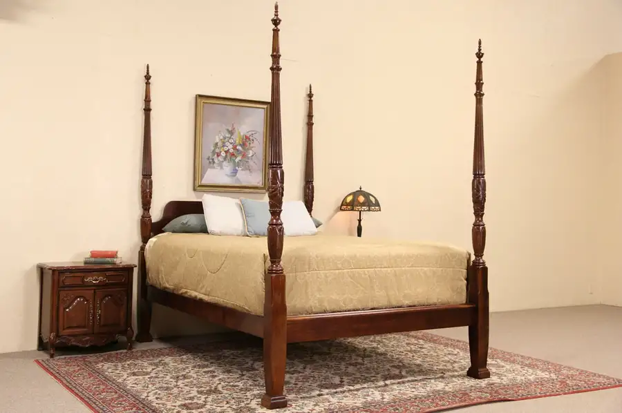 Main image of Charleston Rice Motif Carved Mahogany Queen Size Plantation Poster Bed